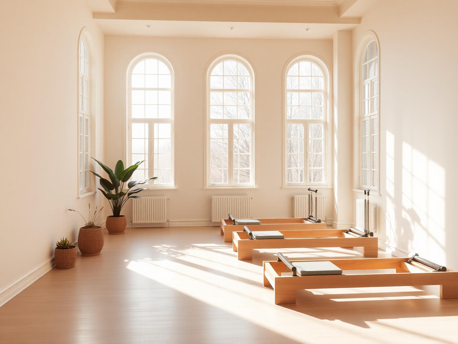 Sunlit pilates studio with reformers